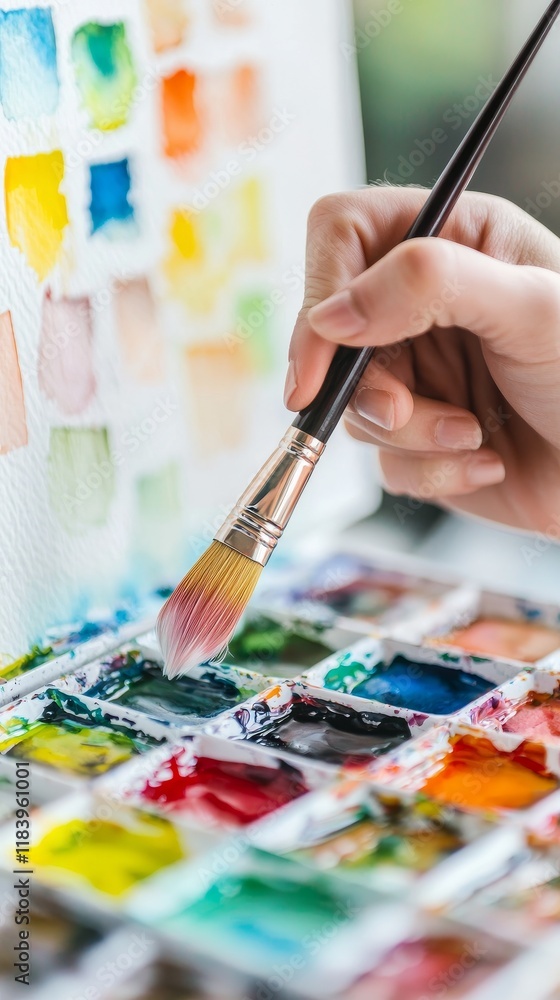 Stress reduction methods concept. Hand holding a paintbrush over a vibrant watercolor palette. Stress reduction methods concept. Hand holding a paintbrush over a vibrant watercolor palette.