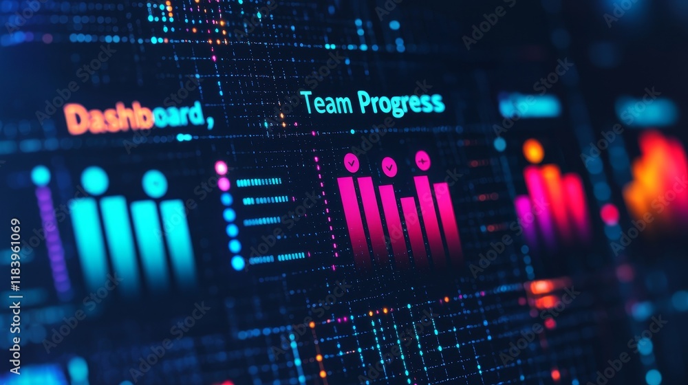 Fototapeta premium Workplace culture improvement concept. Data visualization dashboard with performance metrics and team progress indicators.