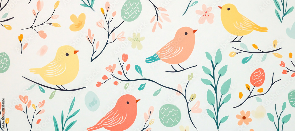 Fototapeta premium Colorful birds sitting on branches enjoying spring flowers and easter eggs
