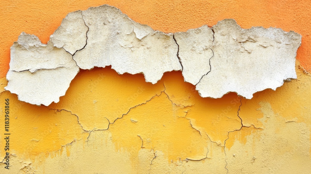 Fototapeta premium Flaking Paint Reveals Aged Yellow Wall Texture