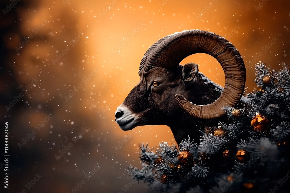 Naklejka premium Majestic bighorn ram silhouetted against a golden sunset its curved horns framing a scene of snow dusted evergreen boughs adorned with shimmering ornaments and garlands