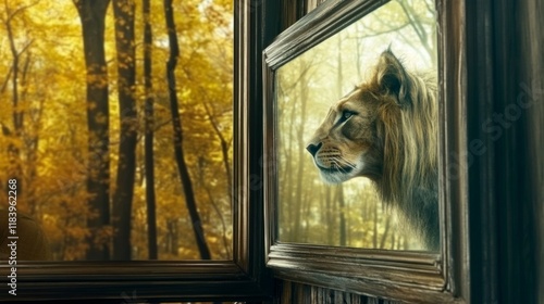 The lion who sees himself in the mirror photo