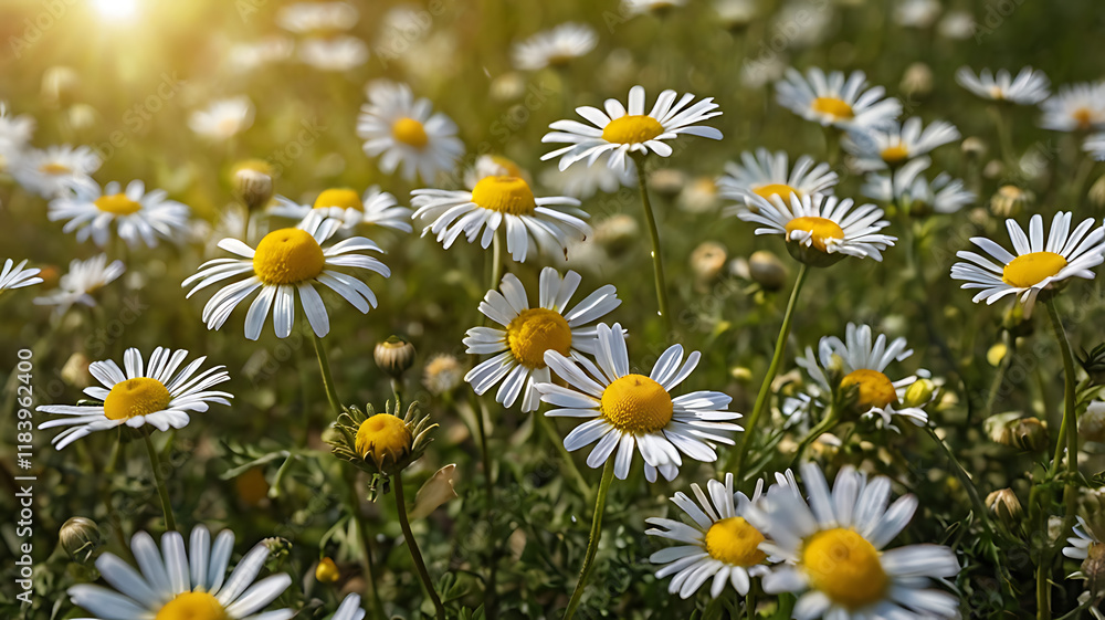 Fototapeta premium Chamomile flowers field A beautiful natural scene