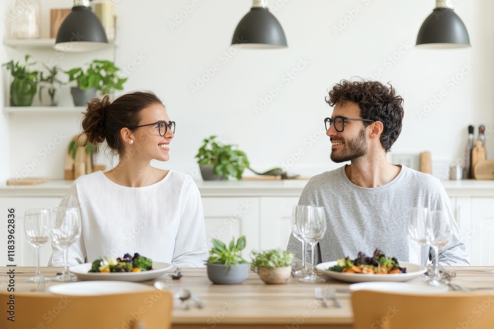 Emotional intelligence skills concept. Couple enjoying a meal together in a cozy dining setting. Emotional intelligence skills concept. Couple enjoying a meal together in a cozy dining setting.