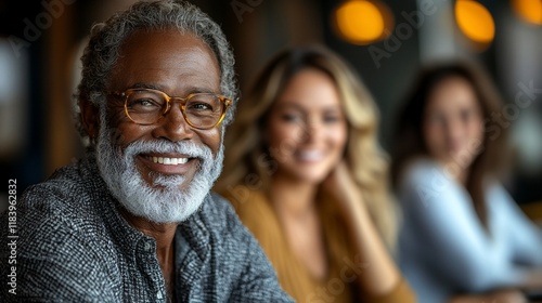 Smiling senior man cafe, women background, meeting