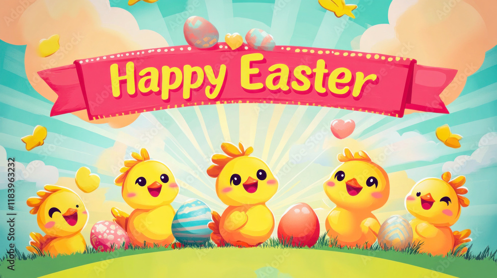 Fototapeta premium Five cute cartoon chicks celebrating happy easter with colorful eggs