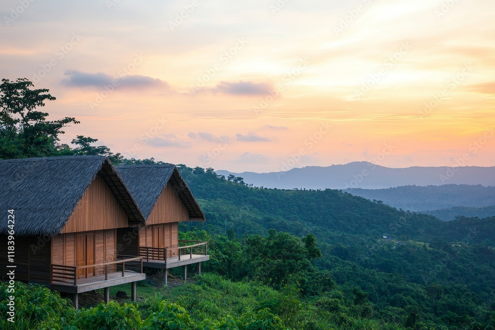 Fototapeta premium Sustainable living tips concept. Scenic wooden cabins nestled in lush green hills at sunset.
