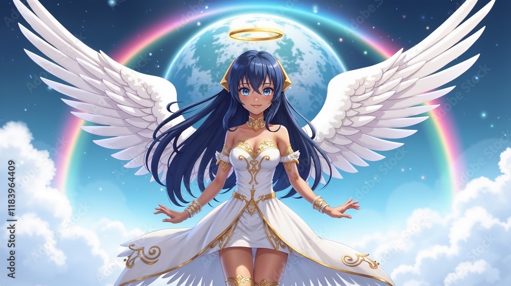Angelic figure with large wings standing against a vibrant cosmic background Angelic figure with large wings standing against a vibrant cosmic background