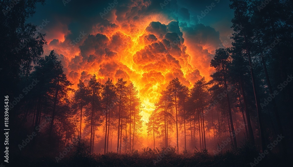 Fiery sunset clouds over misty forest Fiery sunset clouds over misty forest