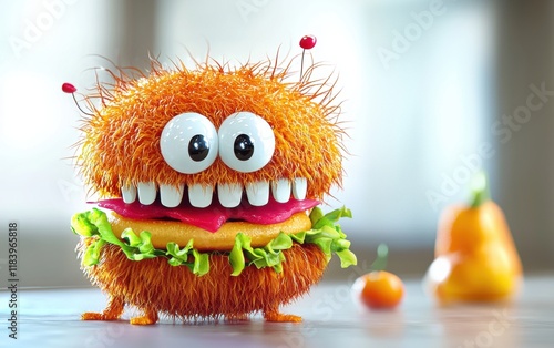 cute bright furry monster burger smiled and happy photo