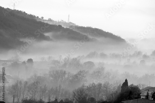 landscape with fog in black and white