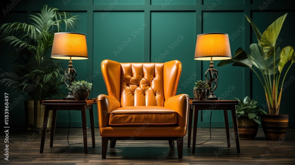 Fototapeta premium Orange leather armchair with table lamp in green interior.