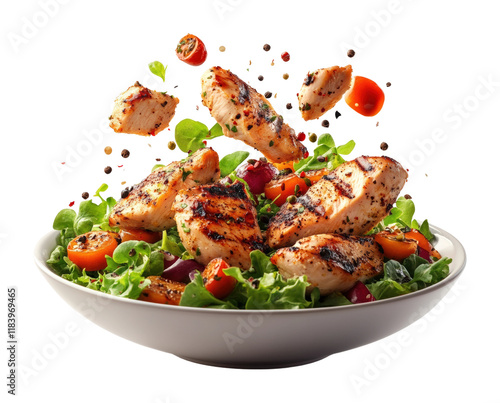 Delicious grilled chicken salad kitchen food bright background aerial view healthy eating concept isolated on transparent background png