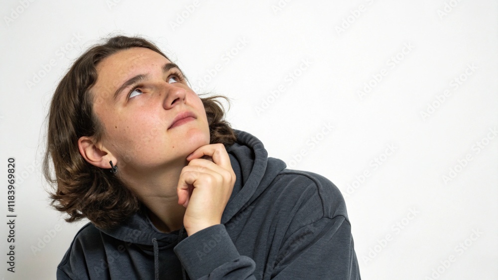 Person in a gray hoodie holding their chin while contemplating ideas and looking upwards in a minimalistic indoor setting Person in a gray hoodie holding their chin while contemplating ideas and looking upwards in a minimalistic indoor setting