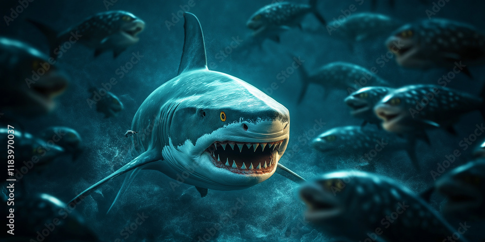 Fototapeta premium Predatory shark hunting in the deep ocean underwater scene dramatic environment close-up view marine life dynamics