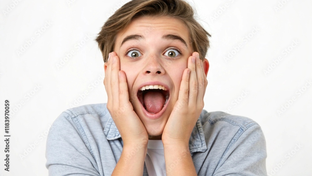 Surprise expression from a young person with hands on face showing excitement in a bright indoor setting Surprise expression from a young person with hands on face showing excitement in a bright indoor setting