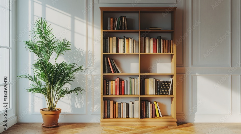 Fototapeta premium Sunlit bookshelf with books and plant.