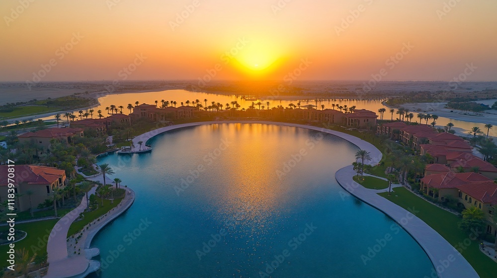 Obraz premium Sunset Aerial Resort Lagoon, Desert Oasis