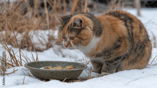 Calico Cat Eating Outdoors In Winter Snow photo