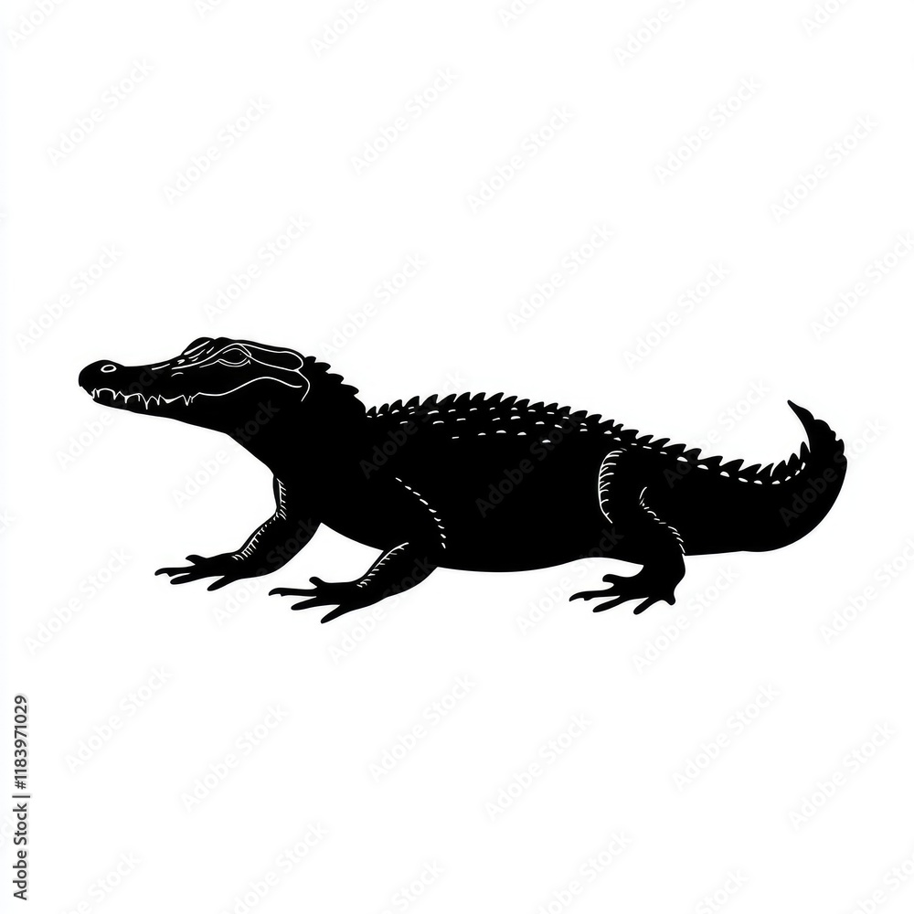 Black Silhouette of a Crocodile: A Striking Vector Graphic Design. Perfect for logos, illustrations, and any project needing a powerful animal image. Black Silhouette of a Crocodile: A Striking Vector Graphic Design. Perfect for logos, illustrations, and any project needing a powerful animal image.