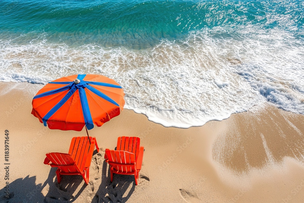 Relaxing Beach Vacation: Two Orange Chairs Under a Striped Umbrella by the Ocean Waves