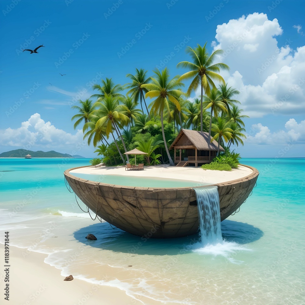 Obraz premium Surreal Tropical Island in a Coconut Shell with Turquoise Waters, Cascading Waterfall, Palm Trees, and Cozy Wooden Hut – Fantasy Nature Art