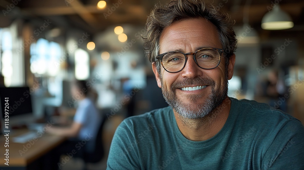 Obraz premium Smiling man office portrait, coworkers blurred background