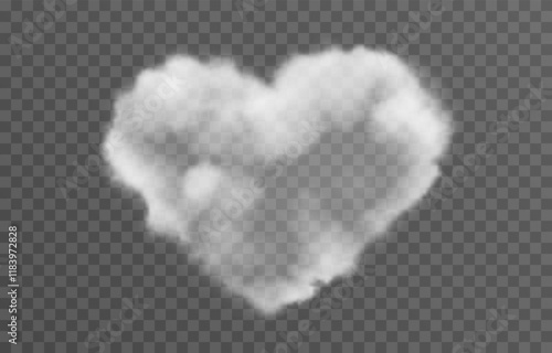 Vector fluffy heart cloud png. Realistic cloud, smoke or fog on an isolated transparent background.