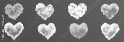 Set of vector fluffy heart cloud png. Realistic clouds, smoke or fog on an isolated transparent background.