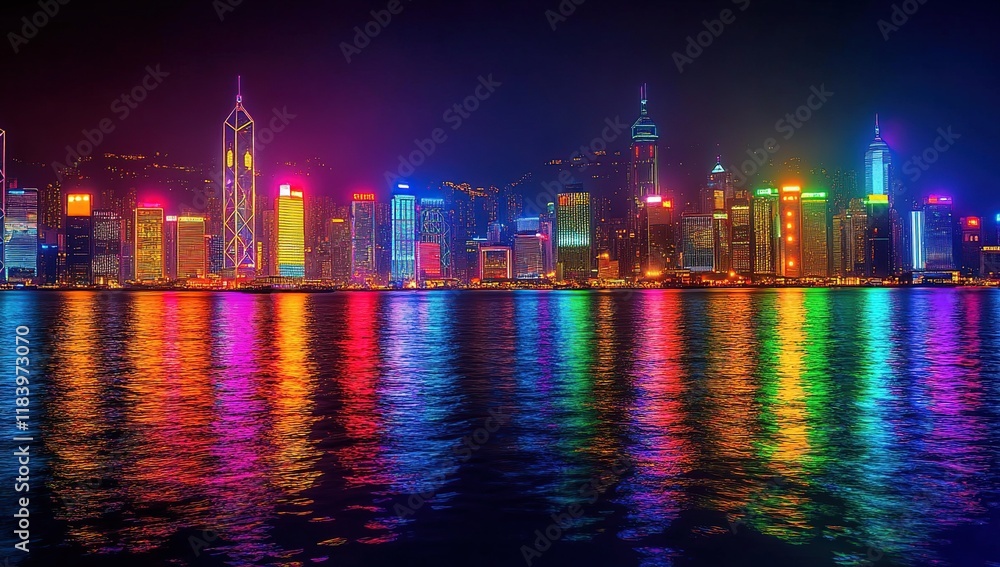 Obraz premium Vibrant Cityscape: Illuminated Skyscrapers Reflecting in Water at Night