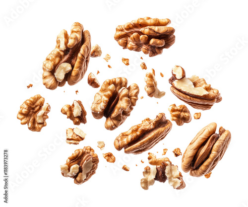 Falling walnuts on high fidelity png food studio environment close-up view isolated on transparent background png