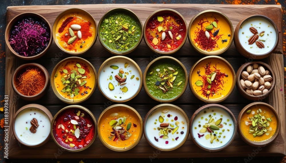 Vibrant Selection of Traditional Indian Thandai in Decorative Bowls with Toppings Vibrant Selection of Traditional Indian Thandai in Decorative Bowls with Toppings