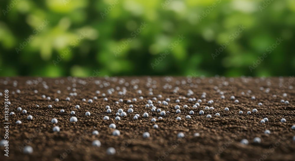 Fertilizer pellets on soil with blurred green background for gardening Fertilizer pellets on soil with blurred green background for gardening