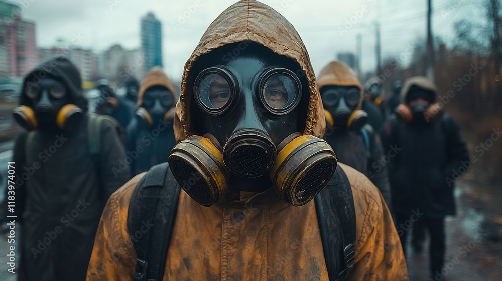 City protest gas mask, crowd, urban, rain, danger, apocalypse, fear, dystopian, safety City protest gas mask, crowd, urban, rain, danger, apocalypse, fear, dystopian, safety
