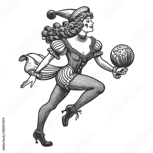 circus performer in whimsical costume, running with a decorative ball and smiling sketch engraving generative ai fictional character vector illustration. Scratch board imitation. Black and white image