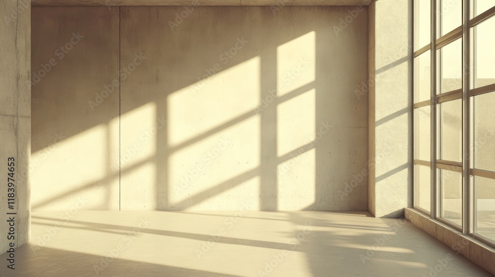 Sunlight streams through large window into minimalist concrete room. Sunlight streams through large window into minimalist concrete room.