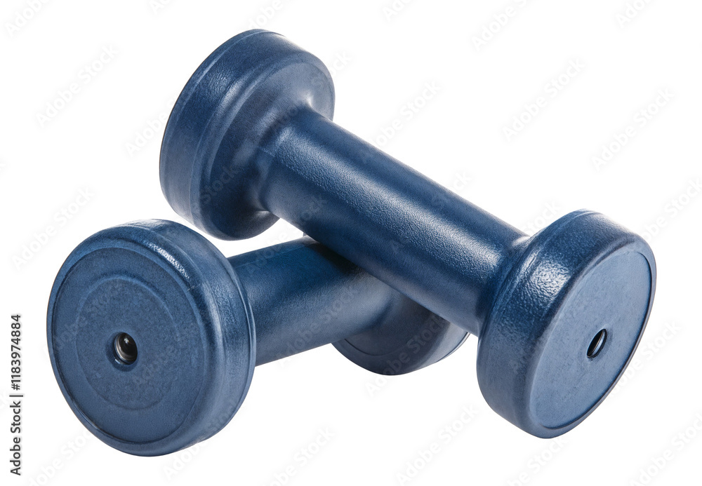 Blue dumbbells isolated over transparent background, PNG cut-out Blue dumbbells isolated over transparent background, PNG cut-out
