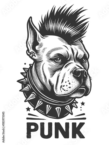dog with a mohawk and spiked collar, humorously blending punk style with canine character sketch engraving generative ai vector illustration. Scratch board imitation. Black and white image.