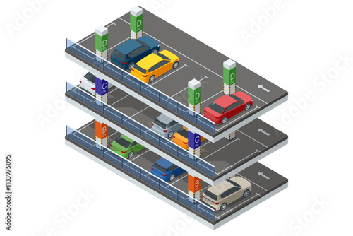 Isometric vector design of a multi-level parking structure featuring cars on different floors, color-coded sections, and organized parking slots for efficient use of space
