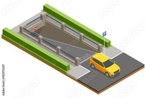 Isometric vector illustration of a parking ramp leading to an underground parking facility, surrounded by green landscaping and clear signage for navigation