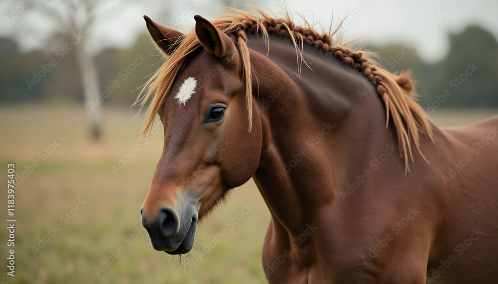 Fototapeta premium Majestic Chestnut Horse with White Star Mark Displaying Braided Beauty 