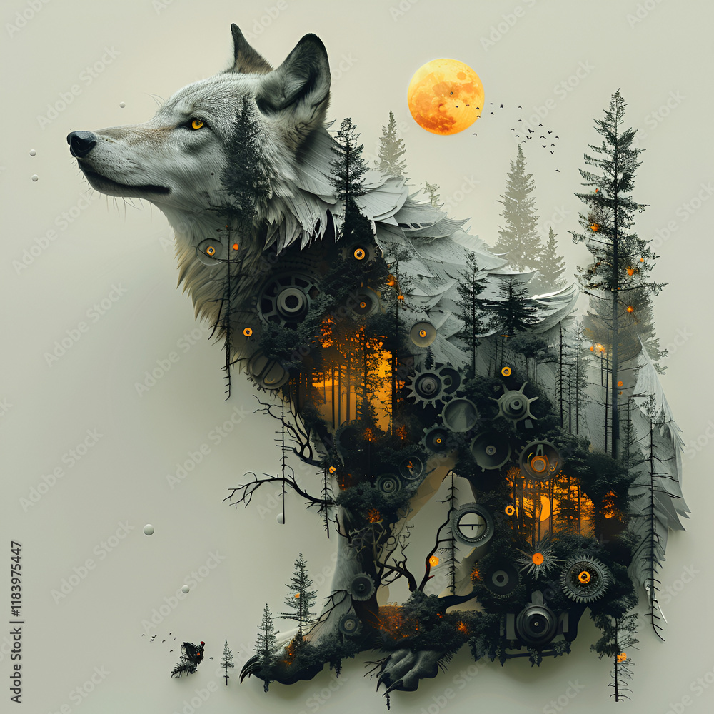 Surreal profile of wolf blending with mechanical gears and glowing forest under the full moon. Harmony between nature, innovation, technology. Storytelling visuals. environmental campaigns. hybrid Surreal profile of wolf blending with mechanical gears and glowing forest under the full moon. Harmony between nature, innovation, technology. Storytelling visuals. environmental campaigns. hybrid