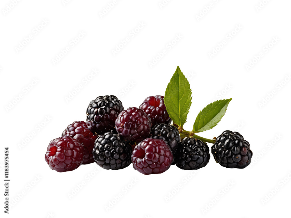 A small pile of ripe black raspberries with green leaves on a white background, showcasing their natural freshness and rich color.
A small pile of ripe black raspberries with green leaves on a white background, showcasing their natural freshness and rich color.
