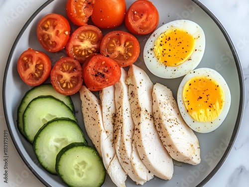 A nutritious plate featuring sliced chicken breast, perfectly boiled eggs, juicy tomatoes, and fresh cucumber slices, all seasoned lightly with black pepper.
