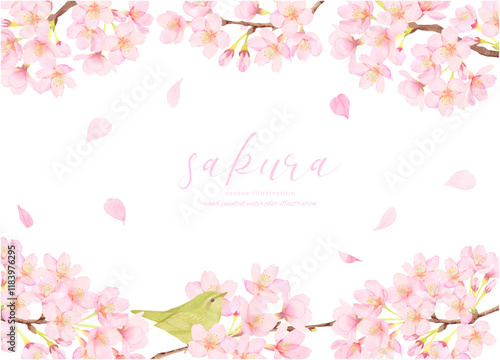 鶯と桜の花のかわいいイラスト素材