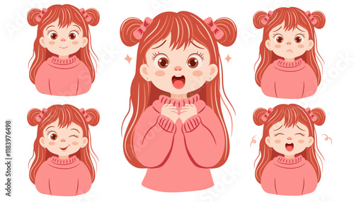 Set of children emotions. Cute little girl with long pink hair. Expressions - surprised, resentful, happy, sad, angry, joy and others. Vector illustrations on white background.