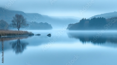 Serene misty lake with tree reflection.