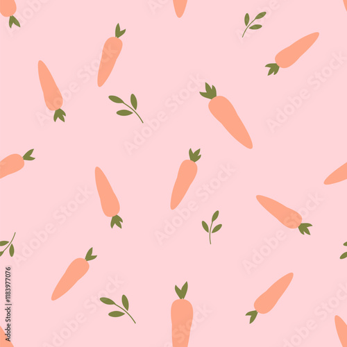 Seamless pattern with carrot and green leaves on pink background vector.