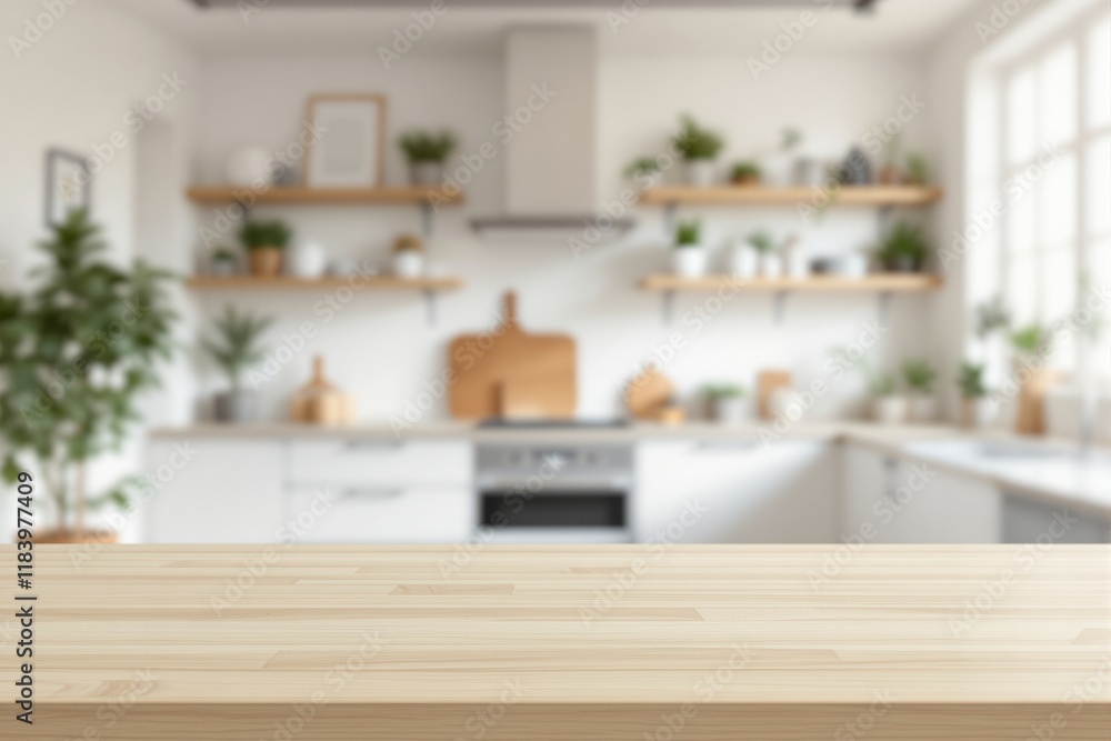 Fototapeta premium Wooden countertop in a bright kitchen with blurred background of shelves, plants, and utensils. Ideal for product display or presentation. Ai generative