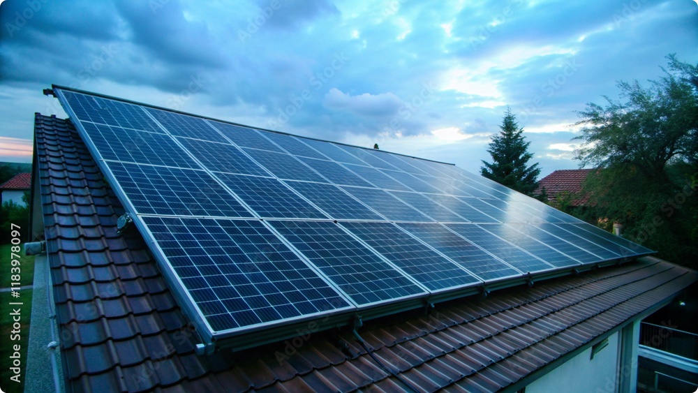 Solar Panels on House Roof under Blue Sky Clean Energy Sustainable Home Solar Panels on House Roof under Blue Sky Clean Energy Sustainable Home